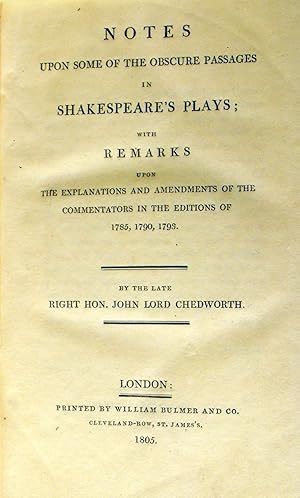 Image du vendeur pour Notes upon some of the Obscure Passages in Shakespeare's Plays; with Remarks upon the Explanations and Amendments of the Commentators in the Editions of 1785, 1790, 1793. mis en vente par John Price Antiquarian Books, ABA, ILAB