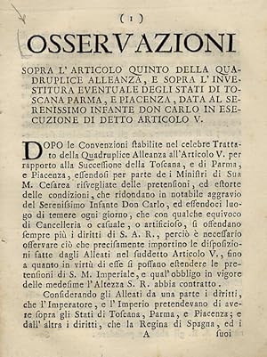 OSSERVAZIONI sopra l'articolo quinto della Quadruplice Alleanza, e sopra l'investitura eventuale ...