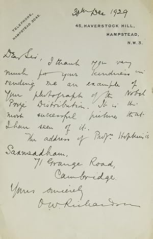 Seller image for Autograph Letter, Signed ("O.W. Richardson"), to Alfred Eisenstaedt, concerning Nobel laureate F.W. Hopkins for sale by James Cummins Bookseller, ABAA