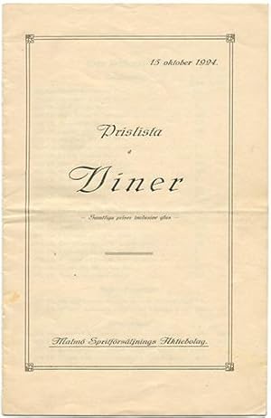 Prislista å viner. 15 oktober 1924. Samtliga priser inkl. glas.