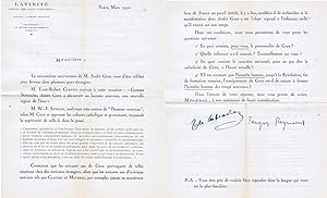 Questionnaire pour l'Enquête sur André Gide de la revue Latinité, signé par Jacques Reynaud et Ja...