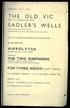 Bild des Verkufers fr Hippolytus Preceded by The Two Shepherds': Souvenir Theatre Programme Performed at The Old Vic Run in Connection With Sadler's Wells zum Verkauf von Little Stour Books PBFA Member