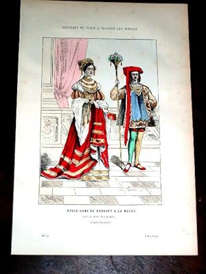 Bild des Verkufers fr Gravure aquarelle Costume - Noble Dame se rendant  la Messe. zum Verkauf von JOIE DE LIRE