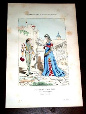 Bild des Verkufers fr Gravure aquarelle Costumes - Chatelaine et son Page ( XVe & XVIe Sicle). zum Verkauf von JOIE DE LIRE