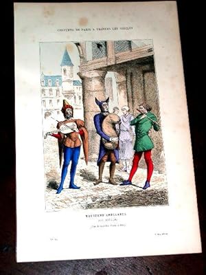 Bild des Verkufers fr Gravure aquarelle Costumes - Musiciens Ambulants (Xve Sicle zum Verkauf von JOIE DE LIRE
