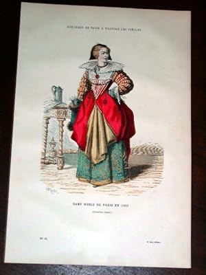 Bild des Verkufers fr Gravure aquarelle Costume - Dame Noble de paris en 1633 zum Verkauf von JOIE DE LIRE