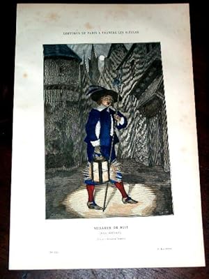 Bild des Verkufers fr Gravure aquarelle Costume - Veilleur de Nuit (XVIe sicle) zum Verkauf von JOIE DE LIRE