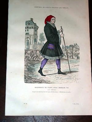 Bild des Verkufers fr Gravure aquarelle Costume - Bourgeois de Paris sous Charles VII zum Verkauf von JOIE DE LIRE