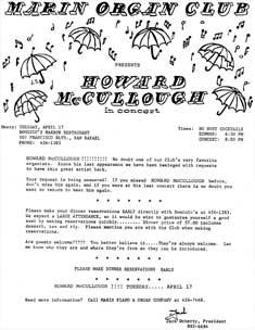 Image du vendeur pour Marin Organ Club presents Howard McCullough in concert. mis en vente par Wittenborn Art Books
