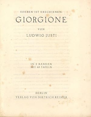 Seller image for Verlagsprospekt: Soeben erschienen: Giorgione von Ludwig Justi. for sale by Stader Kunst-Buch-Kabinett ILAB
