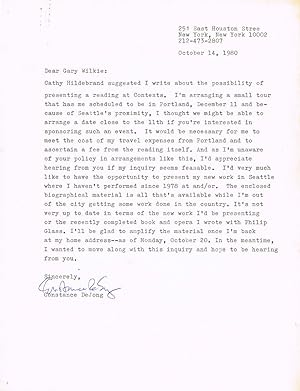 Seller image for TYPED LETTER SIGNED by American writer CONSTANCE DEJONG with photo and publicity material. for sale by Blue Mountain Books & Manuscripts, Ltd.