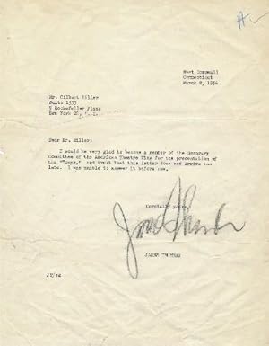 For the "Tonys", Thurber joins the American Theater Wing Honorary Committee. Typed Letter Signed,...