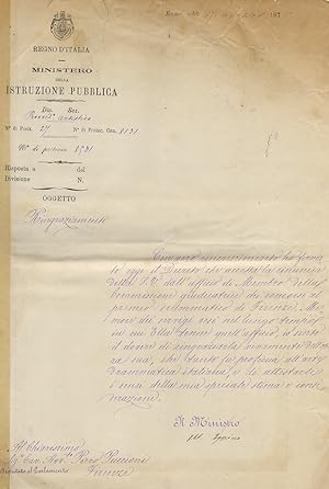 Lettera manoscritta da calligrafo, con firma autografa di Coppino, su una facciata su foglio inte...