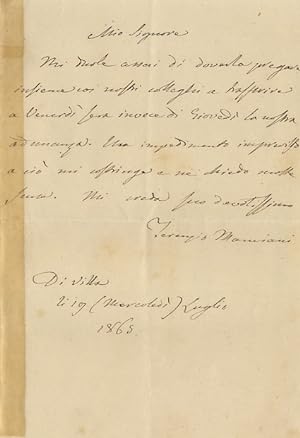 Lettera autografa firmata, su una facciata, datata: "Di Villa li 19 (Mercoledì) Luglio 1865", ind...