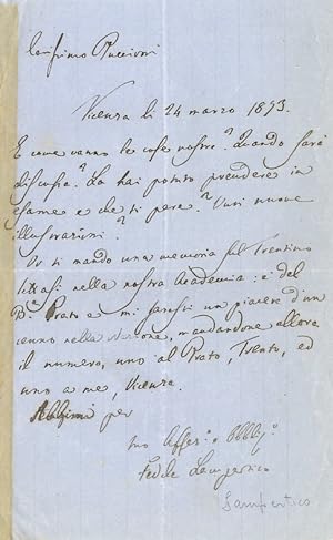 Lettera autografa firmata, su una facciata, datata "Vicenza li 24 marzo 1893", indirizzata a Pier...