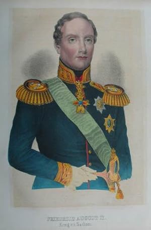 Bild des Verkufers fr Friedrich August II. Knig von Sachsen. Altkolorierte Tonlithographie aus Goehring "Weltereignisse. Encyclopdie der Gegenwart in Wort und Bild". Leipzig, E. Schfer 1855, 20,5 x 13,5 cm zum Verkauf von Antiquariat Johannes Mller