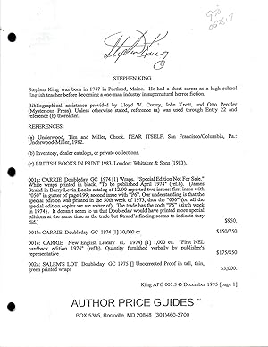 Bild des Verkufers fr Stephen King (Author Price Guides Series) zum Verkauf von Dorley House Books, Inc.