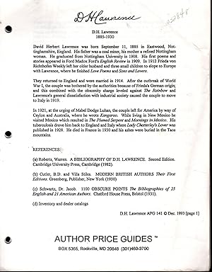 Seller image for D. H. Lawrence, 1885-1930 (Author Price Guides Series) for sale by Dorley House Books, Inc.