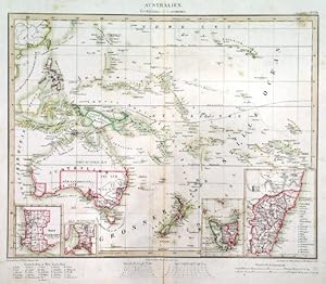 AUSTRALIEN. Map of Australia and Polynesia. Four small inset maps of West Australia, New South ...