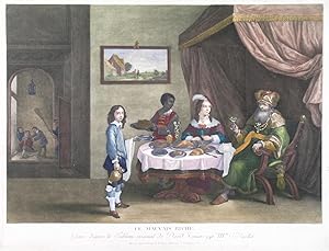 LE MAUVAIS RICHE. A rich gentleman and his lady sitting at a well laid out dining table, attend...