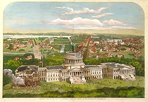 BIRDSEYE VIEW OF THE CITY OF WASHINGTON WITH THE CAPITOL IN THE FOREGROUND. Double-page woodeng...