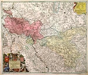 Image du vendeur pour NOVA ET ACCURATA DUCATUS CLIVIAE ET COMITATUS MARCHIAE CUM FINITIMIS PROVINCIIS DELINEATIO . Detailed map of the Kleve and Ruhrgebiet region in western Germany to both sides of the Rhein between Kln and Emmerich, reaching in the east to Mnster and Hamm. Large figurative cartouche with cherubs and three heraldic shields, and smaller cartouche of explanations. mis en vente par Garwood & Voigt