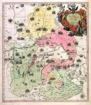 HISTORIA CIRCULI BAVARICI. . Map of Bavaria in southern Germany, showing over 200 historical and ...