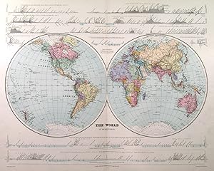 Seller image for THE WORLD IN HEMISPHERES . Very decorative world map. There are, above and below the image, the following sections: Route of the Central Pacific Railway,- Route of the Canadian Pacific Railway, - Peru & Brazil, - South America, Atlantic & Pacific Railway, - Bed of the Atlantic Ocean on which the Direct Telegraph Cable is laid, - From North to South across the Continent of Asia, - From East to West across the continent of Europe & Asia, - Across the African Continent, - From North to South across New Guinea, Australia & Tasmania, - Across Europe from London to Genoa, - Surface of the Earth along the Equator, - Surface of the Earth along the Meridian Lines of 110 degrees west GR. & 70 degrees East GR and the Meridian Section repeated on a tr for sale by Garwood & Voigt
