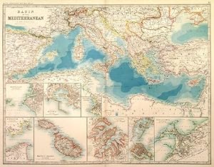 BASIN OF THE MEDITERRANEAN. A detailed map, towards the end of the 19th century, with insets of...