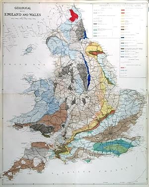 GEOLOGICAL MAP OF ENGLAND & WALES . Geological map of England and Wales, printed in colours on tw...