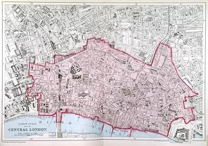 LARGE SCALE MAP OF CENTRAL LONDON. Extent: The Temple, Old Street, the Tower. Detailed map of t...