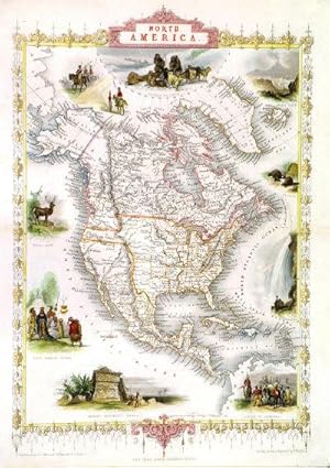 'NORTH AMERICA'. Map of North America with several vignettes showing wildlife, natives, settlers ...