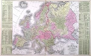 MAP OF EUROPE COMPILED FROM THE LATEST AUTHORITIES. Doublepage map of Europe with tables of gen...