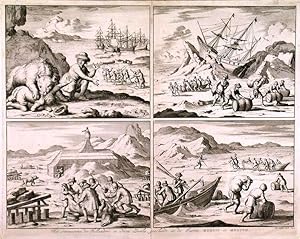 Image du vendeur pour 'Het overwinteren der Hollanders in Nova Zemla geschiedt in de Jaeren MDXCVI en MDXCVII'. Four scenes from the Dutch expedition led by Willem Barentsz searching for a north-east passage to India, forced to spend the winter of 1596/97 in Novaya Zemlya: top left, two men of the shore party savaged by a polar bear. In left foreground, others attacked by another bear, in the background ships anchored off-shore; top right, ship ice-bound and raised by shifting floes, crew off-loading stores and towing boat across ice; bottom left, look-out in chimney of make-shift hut on watch for bears, crew butchering bear in foreground; bottom right, off-loading stores from ice-bound boat; illustration to Pieter Christiaensz Bor's "Nederlandsche Oorlogen" (Amsterdam, 1679-1684). mis en vente par Garwood & Voigt