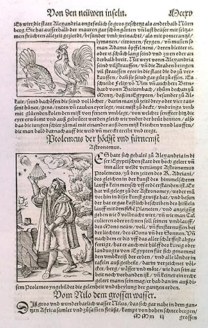 Bild des Verkufers fr UNTITLED full length image of an astronomer facing right holding a sextant (an arc graduated in sixths of a circle). Woodcut from zum Verkauf von Garwood & Voigt