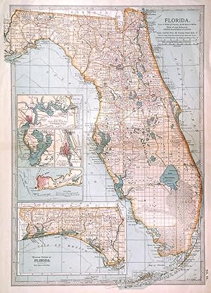 FLORIDA. Detailed map of Florida at the turn of the century, with inset maps of northwest Flori...