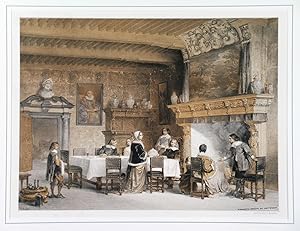 PRIVATE HOUSE AT ANTWERP. Dining hall in a Flemish noble house with family and guests in front ...