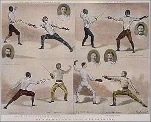 Imagen del vendedor de THE INTERNATIONAL FENCING DISPLAY AT THE PORTMAN ROOMS . Four fencing scenes on one sheet, incl. 5 small inset oval portraits. a la venta por Garwood & Voigt