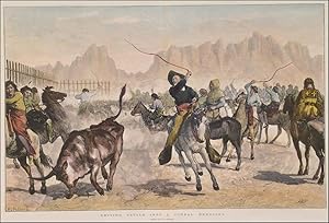 DRIVING CATTLE INTO A CORRAL, NEBRASKA. Cowboys driving cattle into a corral. Doublepage wooden...