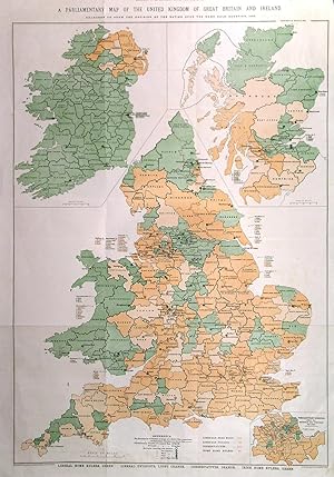 A PARLIAMENTARY MAP OF THE UNITED KINGDOM AND IRELAND. Coloured to show the decision of the nat...