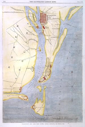 WILMINGTON AND CAPE FEAR RIVER. Map of the area between Wilmington and Cape Fear on Smiths Isl...