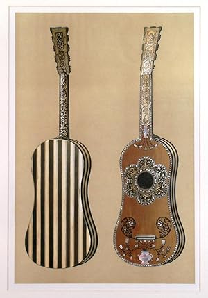 Bild des Verkufers fr GUITAR . Front and back images of the Spanish Guitar. This particular instrument belonging to the Museum of Science and Art in Edinburgh, has been selected on account of it s great beauty of decoration. It is ornamented with inlaid ivory plaques, with engraved figures of decorative subjects let into the finger-board. There is a mother of pearl vase beneath the bridge upon the sound-board, as well as one near the juntion of the finger -board. The back is of ebony and ivory, the reverse of the neck and head being gracefully incised. Chromolithograph with accompanying sheet of text, published in London by zum Verkauf von Garwood & Voigt