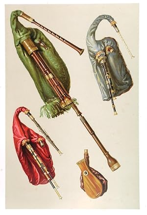 Bild des Verkufers fr BAGPIPES . Four illustrations drawn from Bagpipes originally belonging to Messrs J. & R. Glen, Edinburgh. A large bagpipe with a green bag is the  Lowland Scotch , The Northumbrian Bagpipe with a blue bag, and two others. Chromolithograph with accompanying sheet of text, published by zum Verkauf von Garwood & Voigt