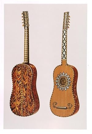 Bild des Verkufers fr THE RIZZIO GUITAR . Illustrations (front and back) of a beautiful guitar of tortoiseshell, combined with ivory, mother of pearl, and ebony. Chromolithograph with accompanying sheet of text, published in London by zum Verkauf von Garwood & Voigt