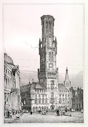 LA HALLE, BRUGES. A view of the town square in front of the town hall.