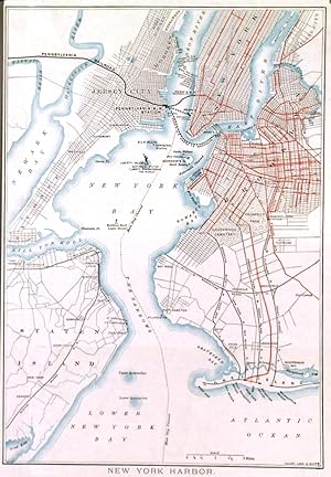 NEW YORK HARBOUR. Plan of the area around the harbour, Liberty Island in the centre. Printed fo...