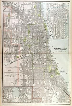 CHICAGO. Doublepage plan of Chicago with two small inset plans of Riverdale and Chicago Center.