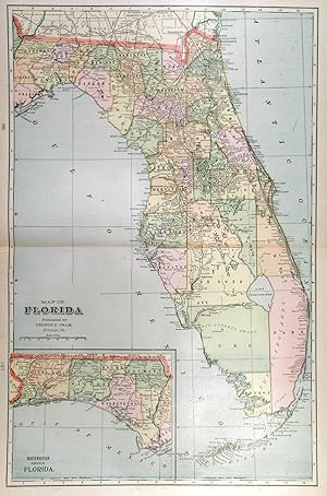 MAP OF FLORIDA. Doublepage map with small inset map of the top northwest part of Florida.