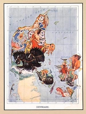 DENMARK. Caricature map of Denmark, showing the Elf King guarding the Danish coasts.