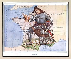 FRANCE. Caricature map of France, showing Jeanne dArc hearing the heavenly voices.